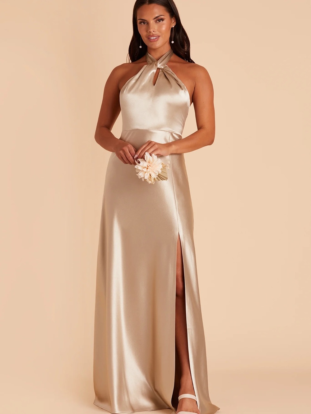Satin Halter Neck Formal Gown in Champagne